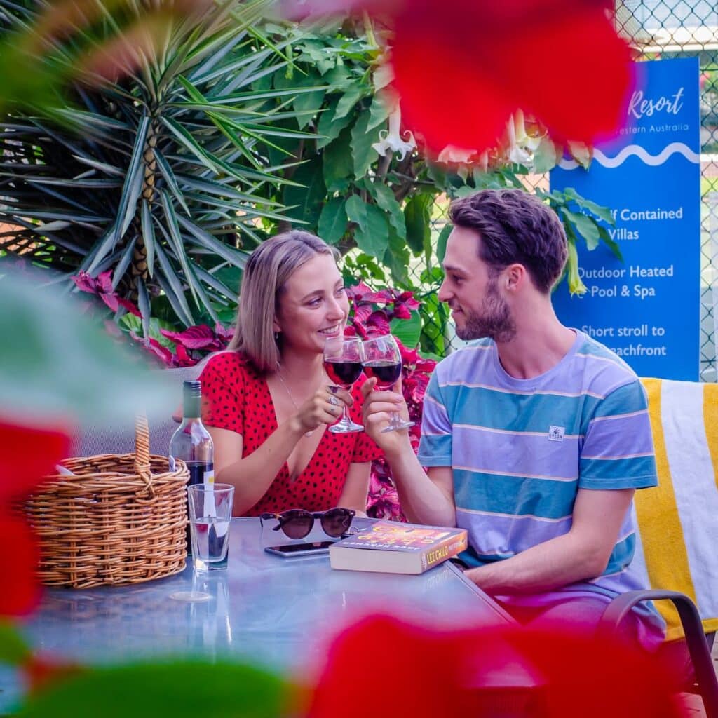 couple drinking wine, amalfi resort Busselton
