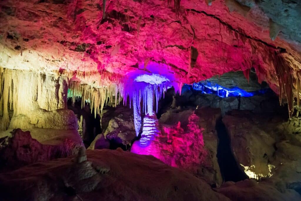 Caves lit up with colourful lighta